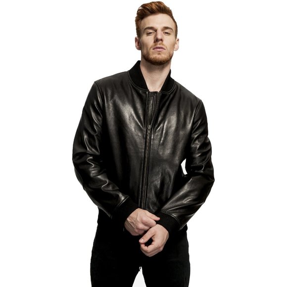 Black Lamb Leather Jacket with Knit Collar and Cuffs